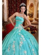 Turquoise Ball Gown Strapless Floor-length Organza Appliques Sweet 16 Dress