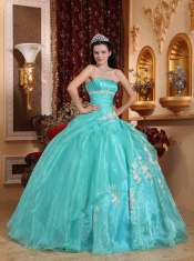 Turquoise Ball Gown Strapless Floor-length Organza Appliques Sweet 16 Dress