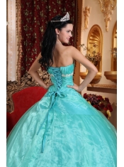 Turquoise Ball Gown Strapless Floor-length Organza Appliques Sweet 16 Dress