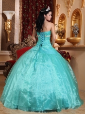 Turquoise Ball Gown Strapless Floor-length Organza Appliques Sweet 16 Dress
