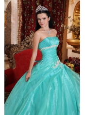 Turquoise Ball Gown Strapless Floor-length Organza Appliques Sweet 16 Dress