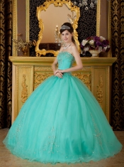 Turquoise Ball Gown Strapless Floor-length Organza Beading Quinceanera Dress