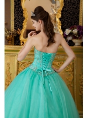 Turquoise Ball Gown Strapless Floor-length Organza Beading Quinceanera Dress