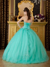Turquoise Ball Gown Strapless Floor-length Organza Beading Quinceanera Dress