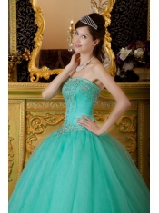 Turquoise Ball Gown Strapless Floor-length Organza Beading Quinceanera Dress