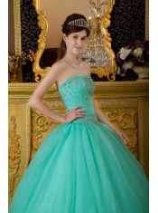 Turquoise Ball Gown Strapless Floor-length Organza Beading Quinceanera Dress