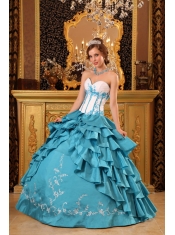 Turquoise Ball Gown Sweetheart Floor-length Ruffles And Embroidery Quinceanera Dress