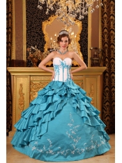 Turquoise Ball Gown Sweetheart Floor-length Ruffles And Embroidery Quinceanera Dress