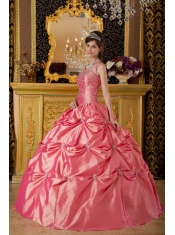 Watermelon Ball Gown Halter Floor-length Taffeta Appliques Quinceanera Dress