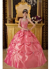 Watermelon Ball Gown Halter Floor-length Taffeta Appliques Quinceanera Dress
