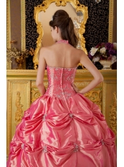 Watermelon Ball Gown Halter Floor-length Taffeta Appliques Quinceanera Dress