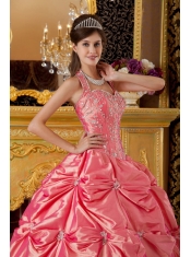 Watermelon Ball Gown Halter Floor-length Taffeta Appliques Quinceanera Dress