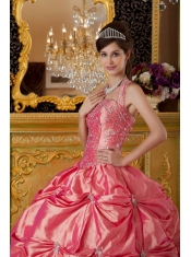 Watermelon Ball Gown Halter Floor-length Taffeta Appliques Quinceanera Dress
