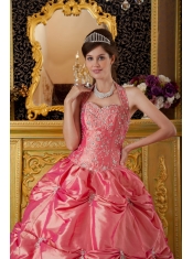 Watermelon Ball Gown Halter Floor-length Taffeta Appliques Quinceanera Dress