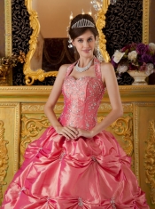 Watermelon Ball Gown Halter Floor-length Taffeta Appliques Quinceanera Dress