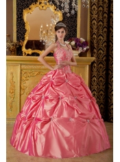 Watermelon Ball Gown Halter Floor-length Taffeta Appliques Quinceanera Dress
