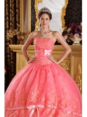 Watermelon Ball Gown Strapless Appliques Organza Quinceanera Dress