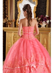 Watermelon Ball Gown Strapless Appliques Organza Quinceanera Dress