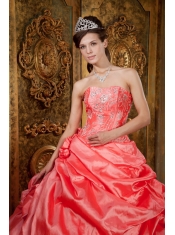 Watermelon Ball Gown Strapless Floor-length Organza Beading Quinceanera Dress