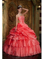 Watermelon Ball Gown Strapless Floor-length Organza Beading Quinceanera Dress