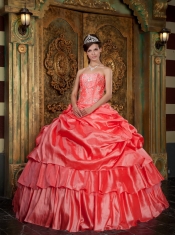 Watermelon Ball Gown Strapless Floor-length Organza Beading Quinceanera Dress