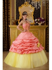 Watermelon Ball Gown Strapless Floor-length Taffeta and Tulle Beading  Sweet 16 Dress