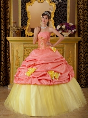 Watermelon Ball Gown Strapless Floor-length Taffeta and Tulle Beading Sweet 16 Dress
