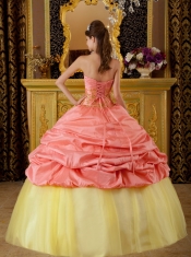 Watermelon Ball Gown Strapless Floor-length Taffeta and Tulle Beading  Sweet 16 Dress