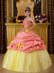 Watermelon Ball Gown Strapless Floor-length Taffeta and Tulle Beading  Sweet 16 Dress