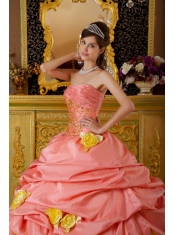 Watermelon Ball Gown Strapless Floor-length Taffeta and Tulle Beading  Sweet 16 Dress