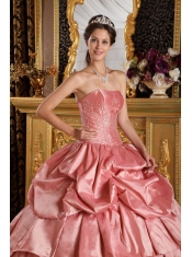 Watermelon Ball Gown Strapless Floor-length Taffeta Beading Sweet 16 Dress
