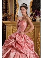 Watermelon Ball Gown Strapless Floor-length Taffeta Beading Sweet 16 Dress