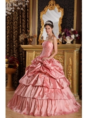 Watermelon Ball Gown Strapless Floor-length Taffeta Beading Sweet 16 Dress