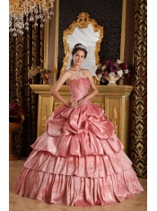 Watermelon Ball Gown Strapless Floor-length Taffeta Beading Sweet 16 Dress