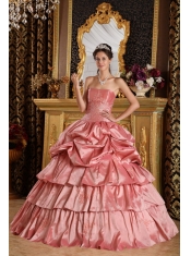 Watermelon Ball Gown Strapless Floor-length Taffeta Beading Sweet 16 Dress