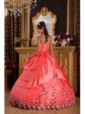 Watermelon Ball Gown Sweetheart Floor-length Taffeta Appliques Quinceanera Dress