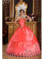 Watermelon Ball Gown Sweetheart Floor-length Taffeta Appliques Quinceanera Dress