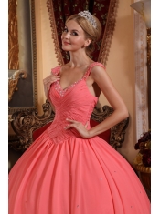 Watermelon Ball Gown V-neck Floor-length Chiffon Beading Quinceanera Dress