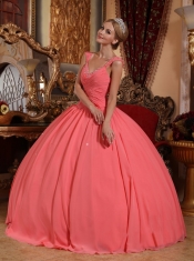 Watermelon Ball Gown V-neck Floor-length Chiffon Beading Quinceanera Dress
