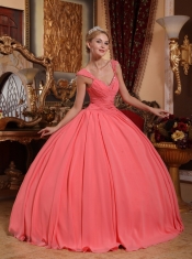 Watermelon Ball Gown V-neck Floor-length Chiffon Beading Quinceanera Dress