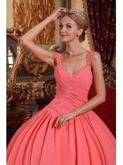 Watermelon Ball Gown V-neck Floor-length Chiffon Beading Quinceanera Dress