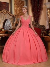 Watermelon Ball Gown V-neck Floor-length Chiffon Beading Quinceanera Dress