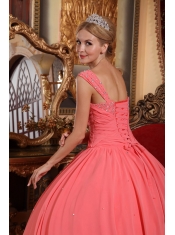 Watermelon Ball Gown V-neck Floor-length Chiffon Beading Quinceanera Dress