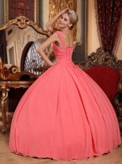 Watermelon Ball Gown V-neck Floor-length Chiffon Beading Quinceanera Dress