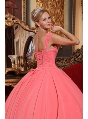 Watermelon Ball Gown V-neck Floor-length Chiffon Beading Quinceanera Dress
