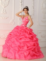 Watermelon Red Ball Gown Straps Floor-length Taffeta and Organza Appliques Quinceanera Dress