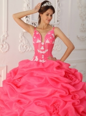 Watermelon Red Ball Gown Straps Floor-length Taffeta and Organza Appliques Quinceanera Dress