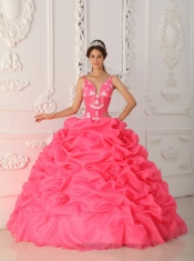 Watermelon Red Ball Gown Straps Floor-length Taffeta and Organza Appliques Quinceanera Dress