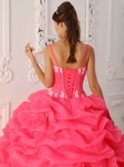 Watermelon Red Ball Gown Straps Floor-length Taffeta and Organza Appliques Quinceanera Dress