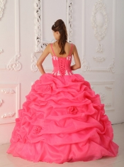 Watermelon Red Ball Gown Straps Floor-length Taffeta and Organza Appliques Quinceanera Dress